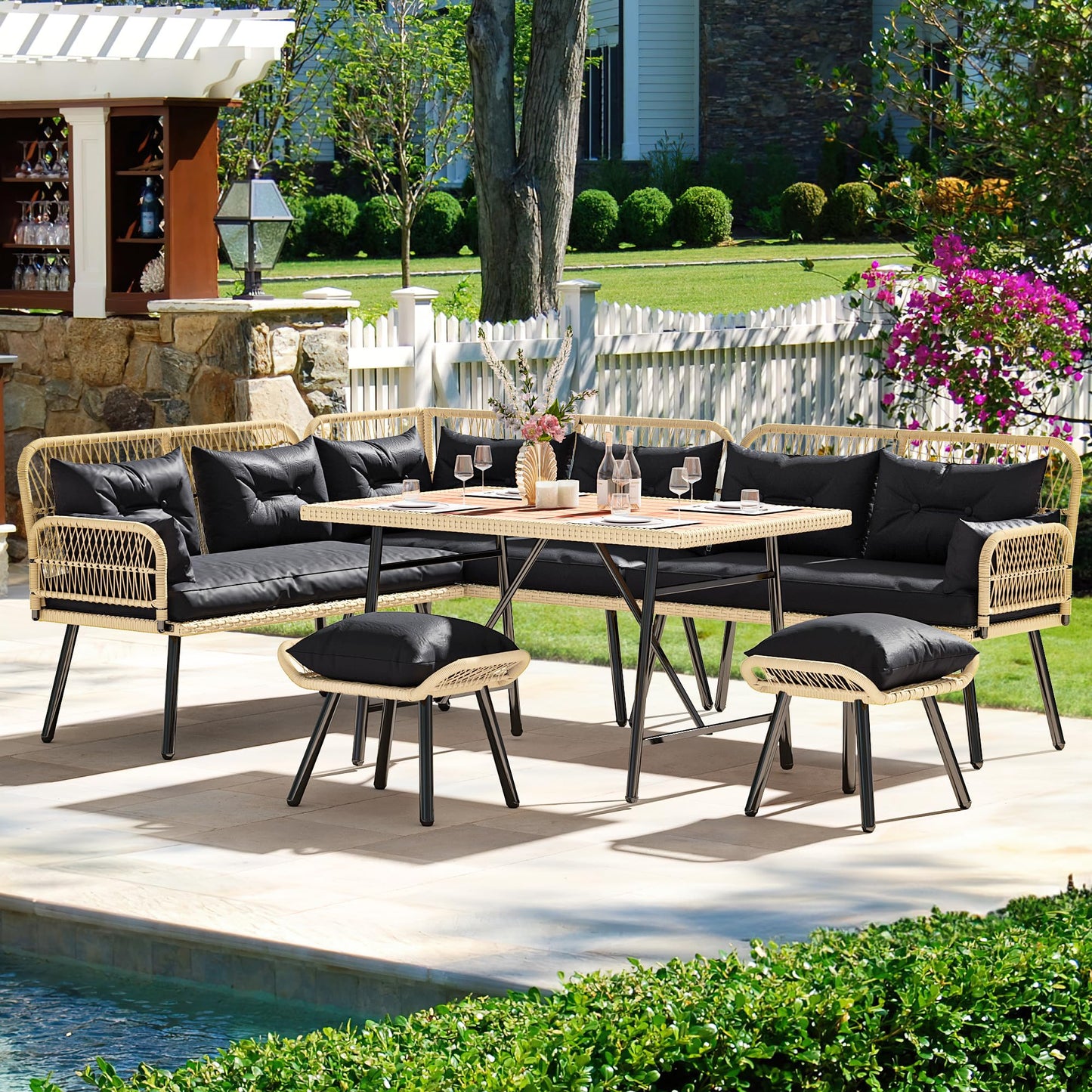 YITAHOME Patio Wicker L-Shaped Furniture Set, All-Weather Rattan Outdoor Conversation Sofa Set for Backyard Deck with Soft Cushions,Ottomans and Plastic Wood Dining Table (Light Brown+Black)