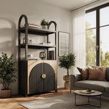 BELLEZE Book Shelf 72" Tall Arched Bookcase with Storage, 5 Tier Mid Century Modern Fluted Bookshelf with Doors, Modular Bookshelves for Living Room Office Library (Camel) BELLEZE