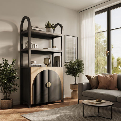 BELLEZE Book Shelf 72" Tall Arched Bookcase with Storage, 5 Tier Mid Century Modern Fluted Bookshelf with Doors, Modular Bookshelves for Living Room Office Library (Camel) BELLEZE