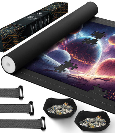 Puzzle Mat Roll Up for 1500 1000 Jigsaw Pieces Puzzles Board Large Portable Table Saver Pad Mats for Adults Kids, 46" x 26" Smooth Top Rubber Bottom, 2 Sorting Trays, Foam Tube, 3 Straps, Storage Bag