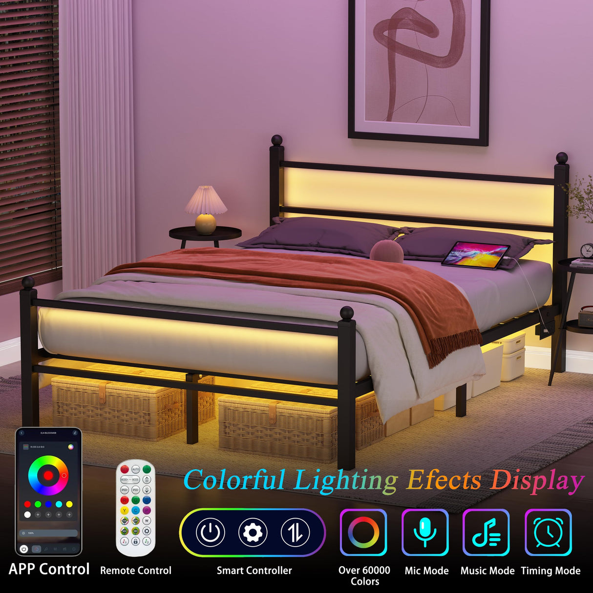 Gohapnis Full Size Bed Frame with Headboard and Footboard,Black Metal Platform Bed Frames with LED Lights and USB Charging Station,Heavy Duty Metal Slats,No Box Spring Needed,Sturdy&Noise Free Gohapnis