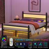 Gohapnis Full Size Bed Frame with Headboard and Footboard,Black Metal Platform Bed Frames with LED Lights and USB Charging Station,Heavy Duty Metal Slats,No Box Spring Needed,Sturdy&Noise Free Gohapnis