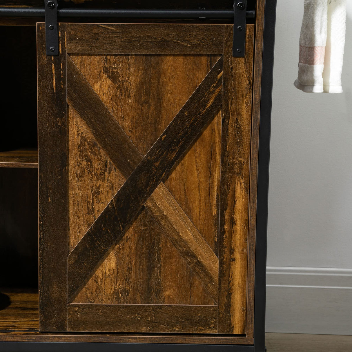 HOMCOM Industrial Kitchen Cart, Rolling Kitchen Island with Adjustable Shelf, Two Drawers, Sliding Barn Door Cabinet and Towel Rack, Rustic Brown HOMCOM