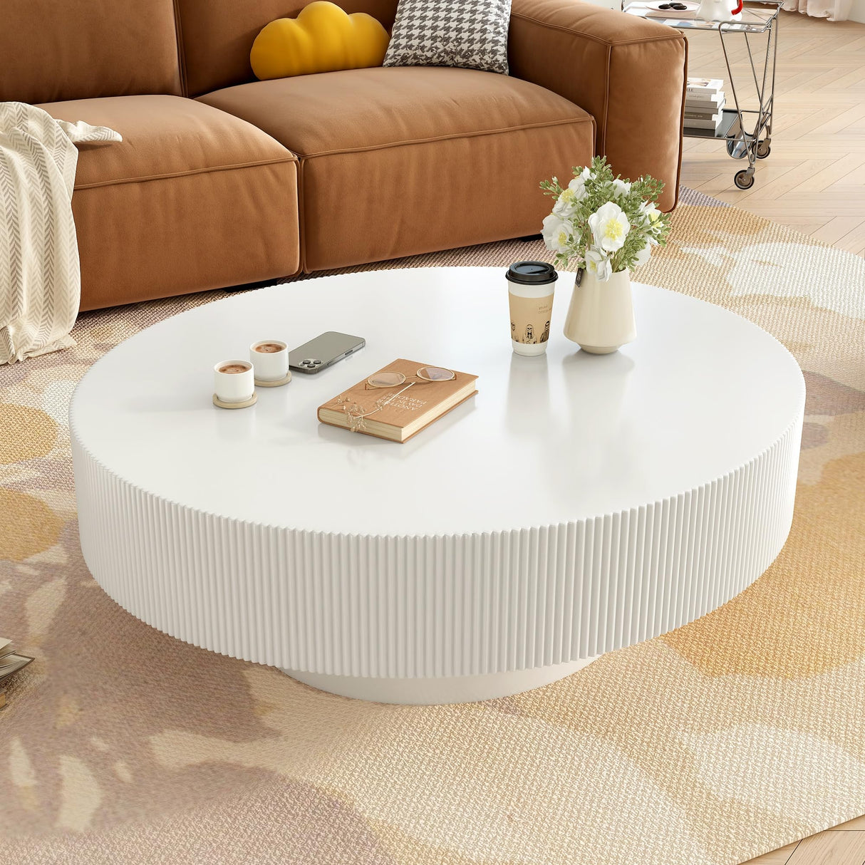 Merax Modern Round Coffee Table with Sturdy Base, Wood Center Tables for Living Room Reception Room, Easy Assemble, White Merax