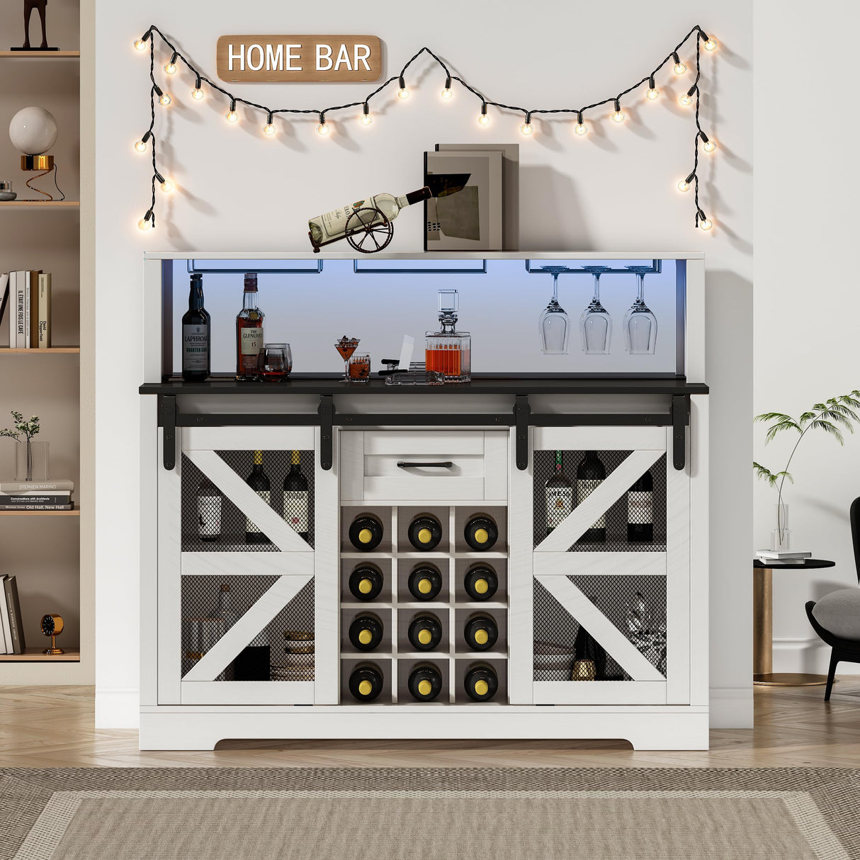 Wine Bar Cabinet with LED Strip, 48" Farmhouse Wine Cabinet with 12 Wine Racks and Power Outlet, Sliding Barn Door, Liquor Cabinet with Adjustable Shelf for Dining, Living Room wanan