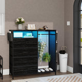 Espelism Dresser for Bedroom with Clothes Rack & Side Pockets 5 Drawer Dresser with Charging Station & LED Lights Black Storage Chest of Drawers for Nursery Hallway Closet Sturdy Steel Frame Wood Top Espelism