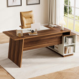 LITTLE TREE 70.5-Inch Executive Desk, Large Home Office Desk with Storage Cabinet and Open Shelves, L-Shaped Computer Corner Desk, Workstation for Office Home, Walnut and Black LITTLE TREE