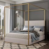 LUMISOL Queen Size Canopy Bed Frame, Metal Canopy Bed with Tall Upholstered Headboard and Gold 4 Poster, No Box Spring Needed, Queen Size Corduroy Platform Bed, Beige LUMISOL