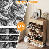 IRONCK Shoe Cabinet with 2 Flip Drawers, Shoe Storage Cabinet for Entryway, Free Standing Shoe Storage Organizer with Rattan Doors Slim Narrow Shoe Rack Cabinet, Oak IRONCK