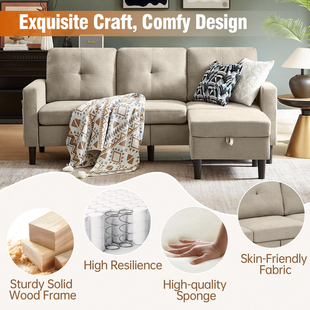 Pingliang Home 79" Sectional Sofa Couches for Small Spaces, L Shaped Couch with Storage Ottoman, 3 Seats Sectional Sofas for Living Room, Apartment-Friendly Couch, Easy Assembly Fabric Sofa (Beige) Pingliang Home