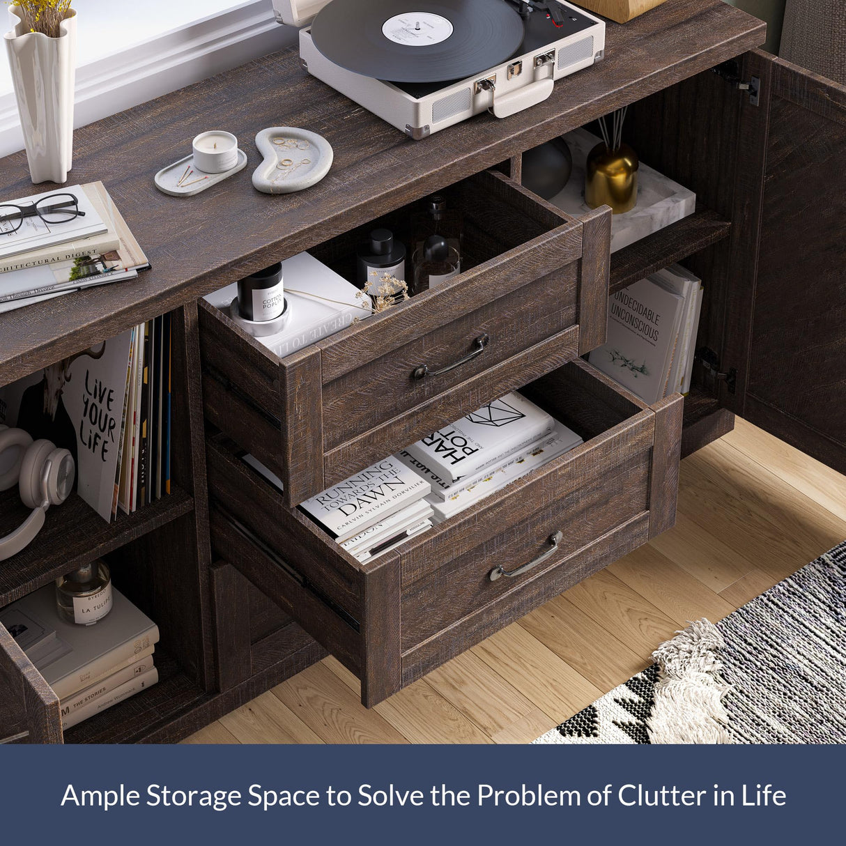 BELLEZE Sideboard, Console Table Or Buffet with Three Drawers & Four Shelves, Space Saving Media Storage Cabinet, Holds Up to 70lbs - 60 Inch - Hilo (Espresso) BELLEZE