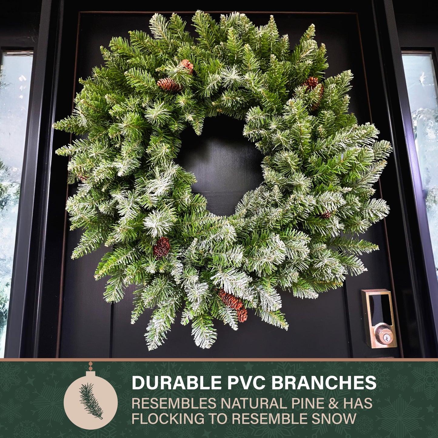 Fraser Hill Farm 36" Frosted Pine Wreath Door Hanging with Pinecones, No Lights, FFWRA036-0SN, Snow