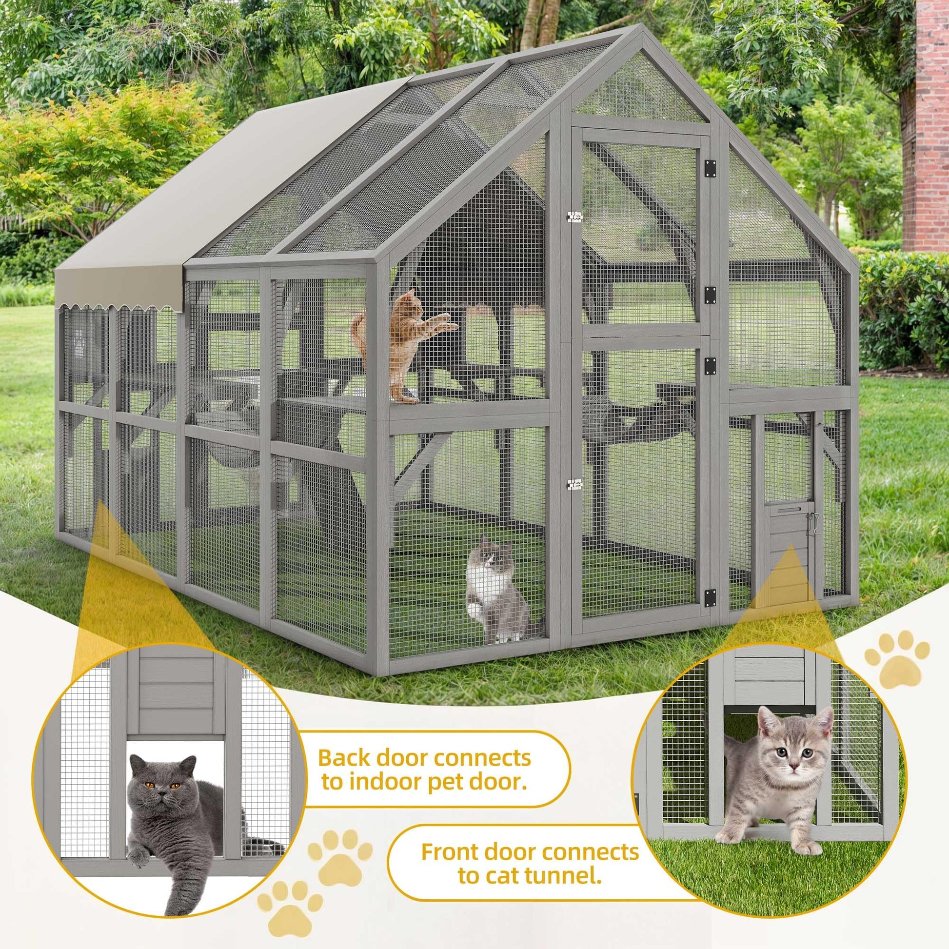 DWVO Extra Large Catio Outdoor Cat Enclosure, 110 inch Outside Cattery with Weatherproof Roof, Cat Scratcher Ramp, Cat Space Capsule Bed, 2 Bridges, 2 Resting Houses, 7 Platforms - WoodArtSupply