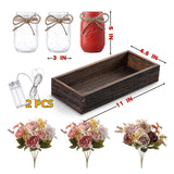 LUEUR Fall Mason Jar Centerpiece for Table with Artificial Flowers, Set of 3 Pink & Brown Faux Rose Floral Farmhouse Painted Decorative Jars for Thanksgiving Autumn Kitchen Home Decor, Dinner Table LUEUR