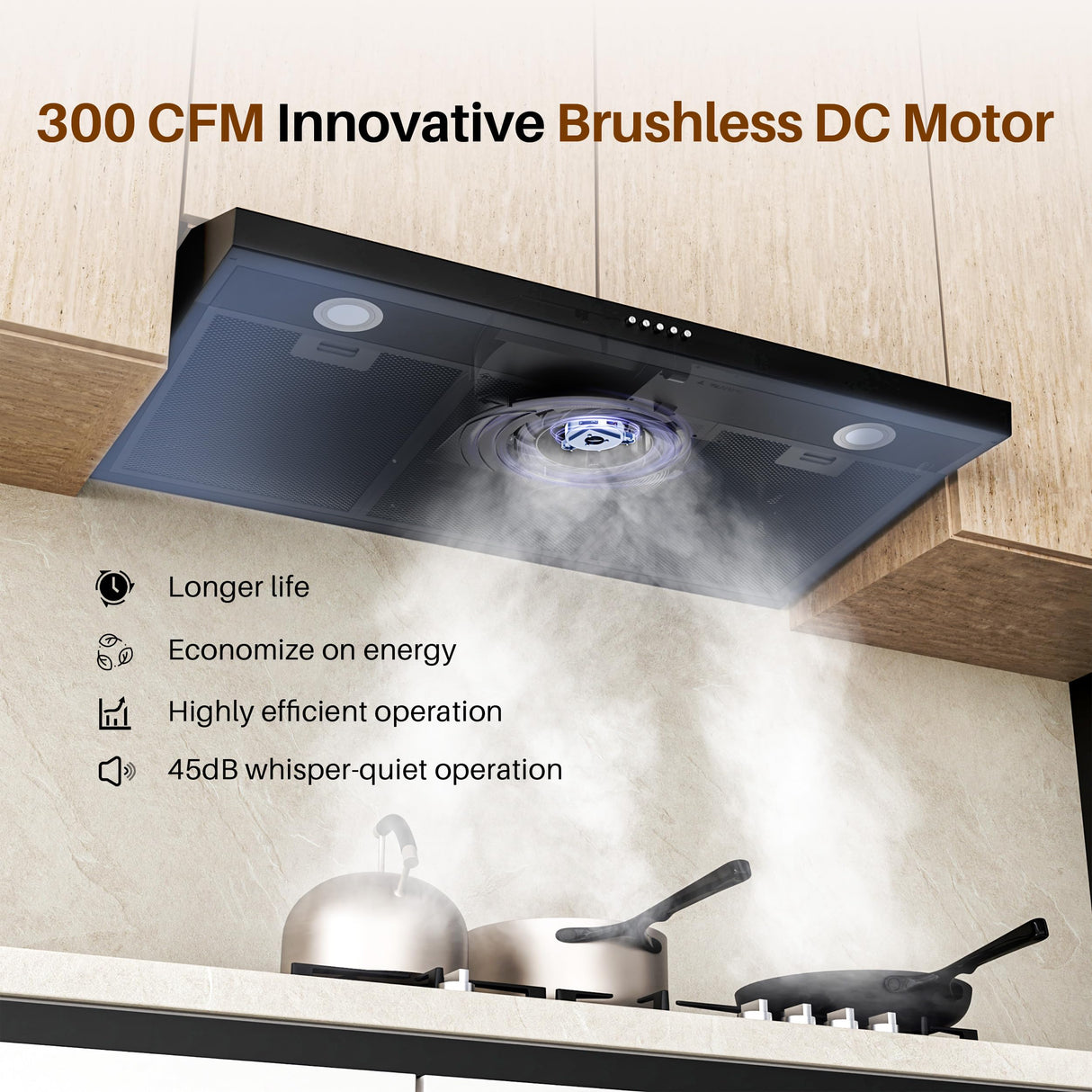 FIREGAS Black Under Cabinet Range Hood 36 Inch, Ducted/Ductless Convertible Kitchen Hood with 3 Speed Exhaust Fan, 300 CFM, LED Lights, Brushlesss DC Motor Vent Hood for Kitchen FIREGAS