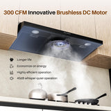 FIREGAS Black Under Cabinet Range Hood 36 Inch, Ducted/Ductless Convertible Kitchen Hood with 3 Speed Exhaust Fan, 300 CFM, LED Lights, Brushlesss DC Motor Vent Hood for Kitchen FIREGAS