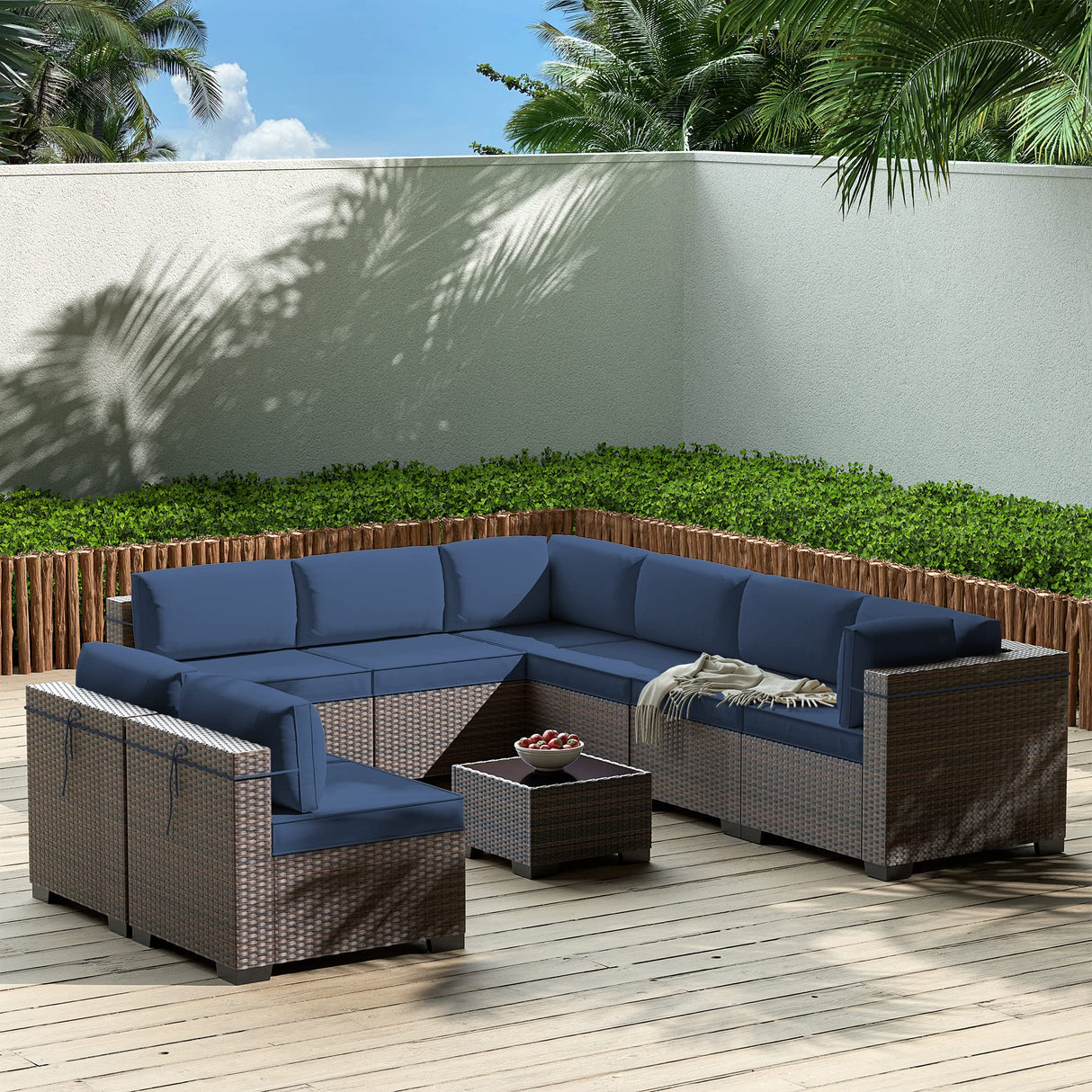 Gotland 9 Pieces Patio Furniture Set Outdoor Sectional Wicker Furniture All-Weather PE Rattan Patio Conversation Sets w/8 Replaceable Navy Waterproof Cushions and 1 Coffee Table Gotland