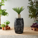 Glitzhome Decorative Garden Stool with Solar Powered Light,18.25" H Metal Outdoor Iron Side Table Coffee End Table Nightstand Decorative Planter Stand for Living Room Front Porch Garden,Black Glitzhome