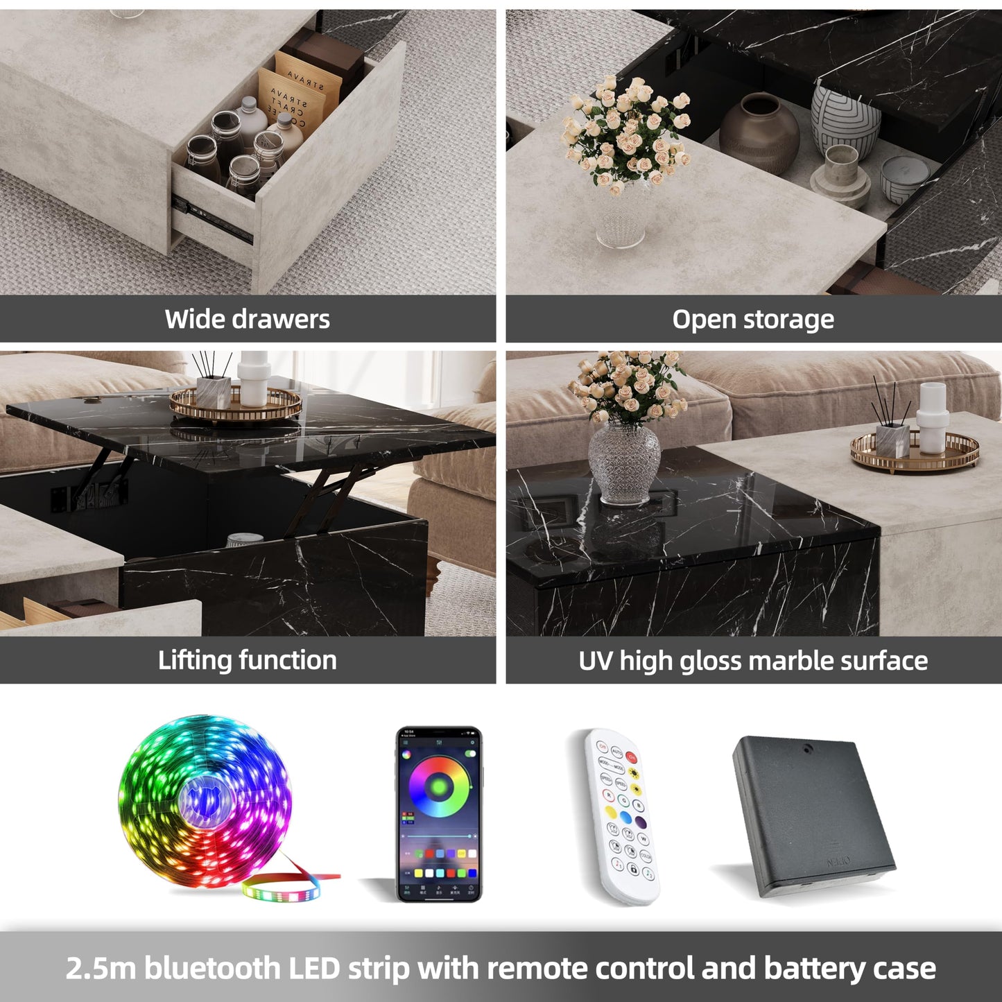 Lift Top coffee tables for living room, 43" LED Wooden Center Tables with Storage Shelf, Hidden Compartment and Drawer for Home (Grey and Marble Black) - WoodArtSupply