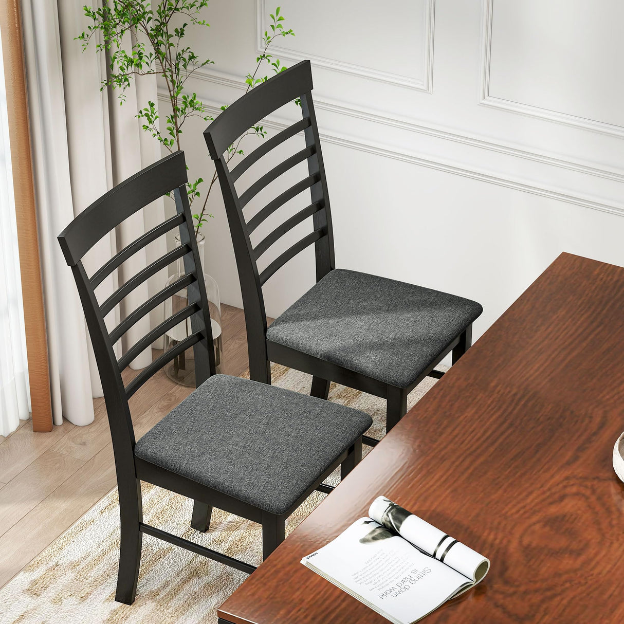 HOMCOM Wooden Dining Chairs Set of 2, Farmhouse Upholstered Kitchen Chairs with Rubber Wood Frame for Living Room, Dining Room, Black and Gray HOMCOM