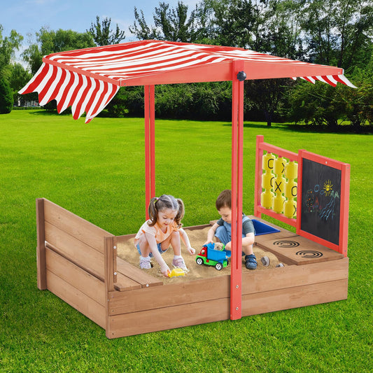 Pipleo Sandbox with Canopy, 47.2'' Kids Large Wooden Sand Box with Tic-Tac-Toe, Liner, Drawing Board, Sink, Adjustable Roof, Sand Boxes for Backyard Garden, Sand Pit for Beach Patio Outdoor (Red)