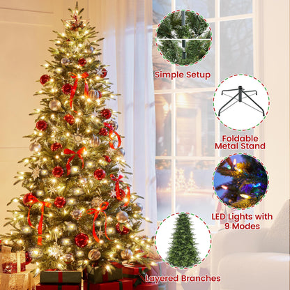 Yaheetech 7.5ft Pre-Lit Aspen Christmas Tree with 750 Multicolored LED Lights, 2136 PE & PVC Branch Tips, 9 Light Modes Lighted Artifical Noble Fir, Holiday Décor, Foldable Metal Stand