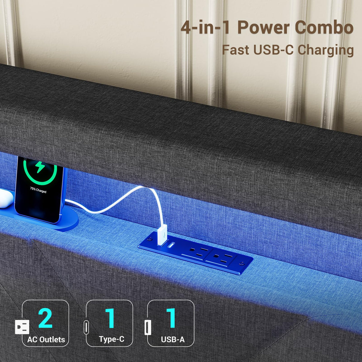 BTHFST Dark Gray Floating Bed Frame with RGB LED Headboard and Integrated Charging Ports BTHFST