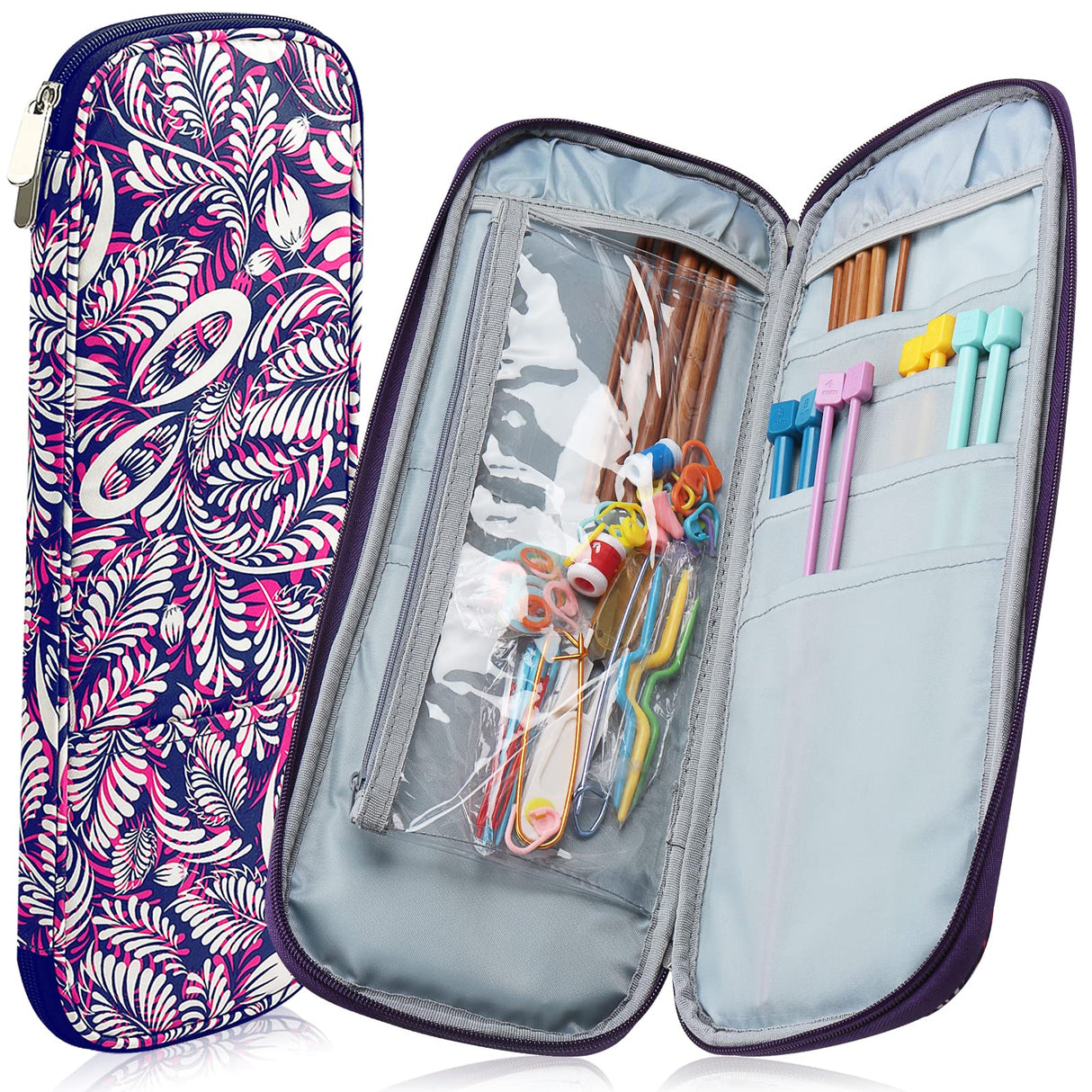 Coopay Knitting Needles Case Travel Knitting Needle Organizer Storage for Straight Knitting Needles (Up to 14''), Tunisian Crochet Hooks, DPNs, Crochet Accessories and Supplies, Pink-Purple Coopay