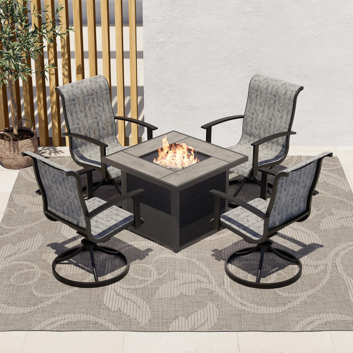 Grand patio 5-Piece Outdoor Furniture Conversation Sets with 32 Inch CSA Approved 40000 BTU Heat Propane Gas Fire Pit Table Outdoor Swivel Rocking Chair 4-Piece Black & Grey Plaid Dining Chair Set Grand patio