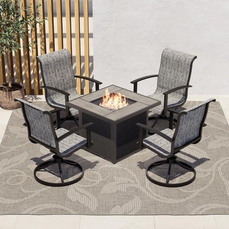 Grand patio 5-Piece Outdoor Furniture Conversation Sets with 32 Inch CSA Approved 40000 BTU Heat Propane Gas Fire Pit Table Outdoor Swivel Rocking Chair 4-Piece Black & Grey Plaid Dining Chair Set Grand patio