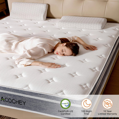 Acochey 12 Inch Full Mattress Memory Foam and Spring Hybrid Mattresses,Medium Firm Feel Grey Mattress in a Box,Quality Comfort and Adaptive Support Breathable Cooling Full Mattresses.