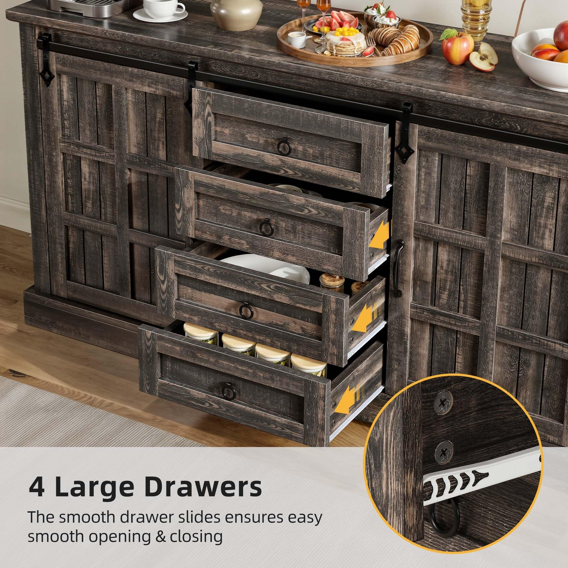 DWVO Farmhouse Sideboard Buffet Cabinet with Storage, Large Kitchen Cabinet w/Sliding Barn Doors and 4 Drawers, for Dining Room, Dark Rustic Oak - WoodArtSupply