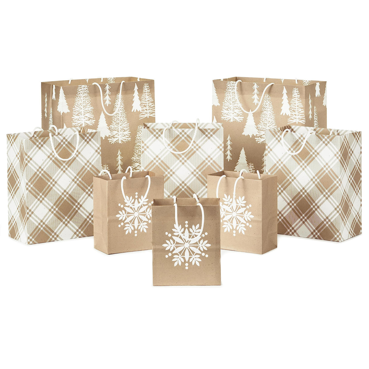 Hallmark Assorted Christmas Gift Bags, Recyclable Kraft Brown with Snowflake, Plaid and Trees (8 Bags: 3 Small 6", 3 Medium 9", 2 Large 13") for Holiday Parties, Hanukkah, Winter Weddings Hallmark