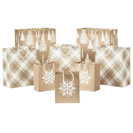 Hallmark Assorted Christmas Gift Bags, Recyclable Kraft Brown with Snowflake, Plaid and Trees (8 Bags: 3 Small 6", 3 Medium 9", 2 Large 13") for Holiday Parties, Hanukkah, Winter Weddings Hallmark
