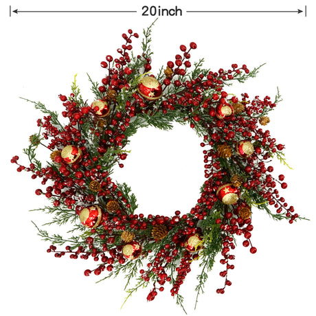 KORSMV 20 inch Christmas Wreaths for Front Door Winter Door Wreath with red Berry,Gold and red Christmas Ball for Front Door Indoor Outdoor Farmhouse Festival Home Decor KORSMV