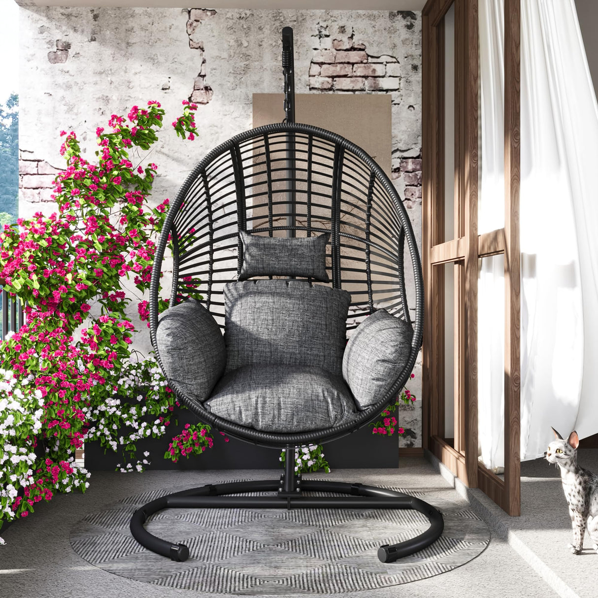 Hanging Egg Chair with Stand - Egg Swing Chair Outdoor Indoor Patio Wicker Chair Swing Hammock Egg Chairs 400lbs Capacity for Outside Patio, Bedroom, Garden and Balcony（Black） TQKVIPI