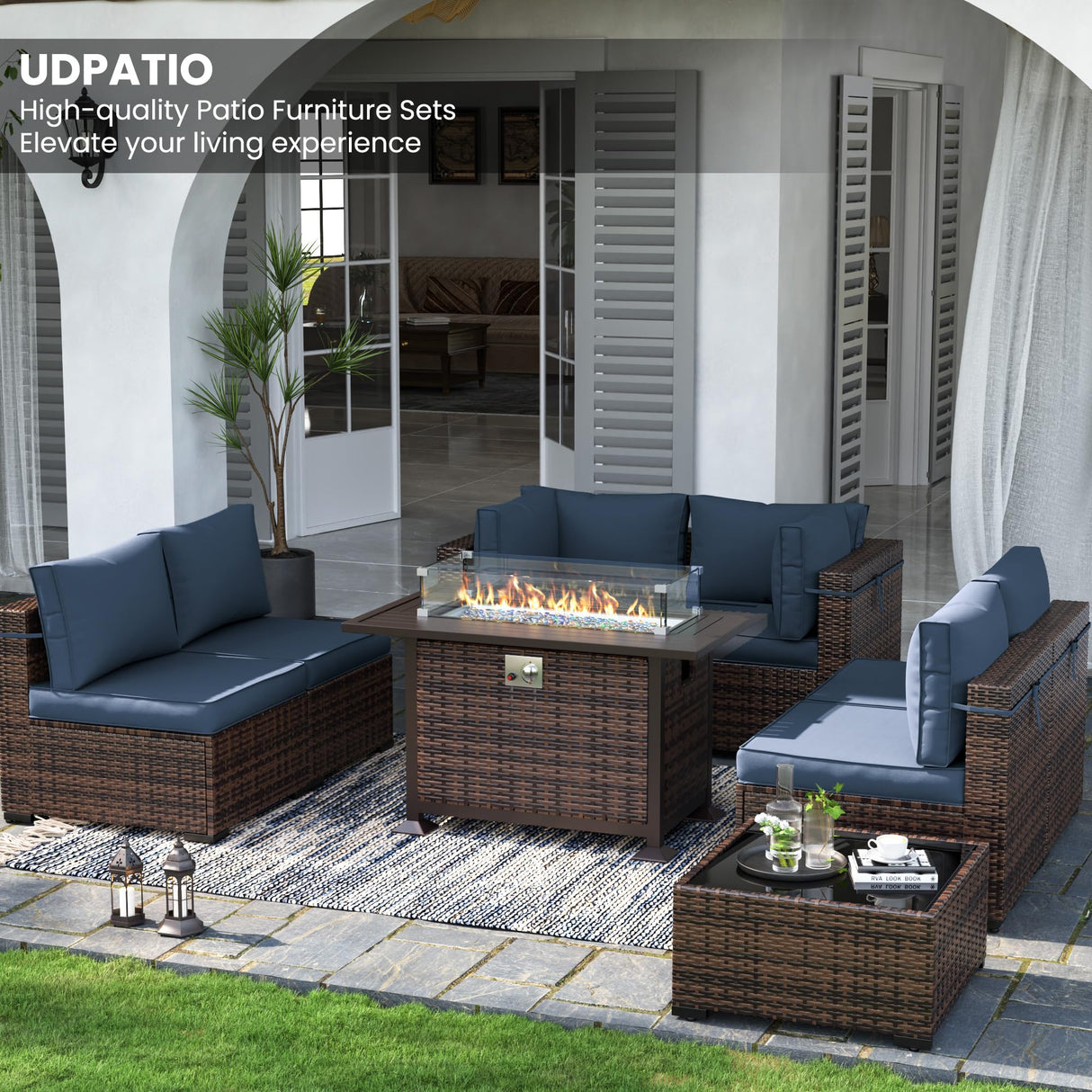 UDPATIO Patio Furniture Sets, Modular Rattan Outdoor Patio Sectional Furniture Sofa Set, Wicker Patio Conversation Set for Backyard, Deck, Poolside, 2PC Brown/Blue UDPATIO