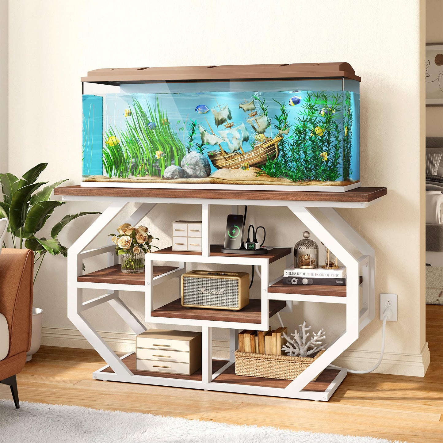 DWVO 55-75 Gallon Aquarium Stand with Power Outlet, Display Stand for Turtle Tank, Reptile Terrarium, Metal Fish Tank Stand Suitable for Living Room, Entryway, 860LBS Capacity, White & Walnut - WoodArtSupply