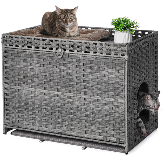Cat Litter Box Enclosure with Soft Litter Mat; Hidden Washroom Furniture with Door; Handwoven Rattan Cat House with Large Space; Pet Crate for Living Room, Bedroom, Balcony (Grey)