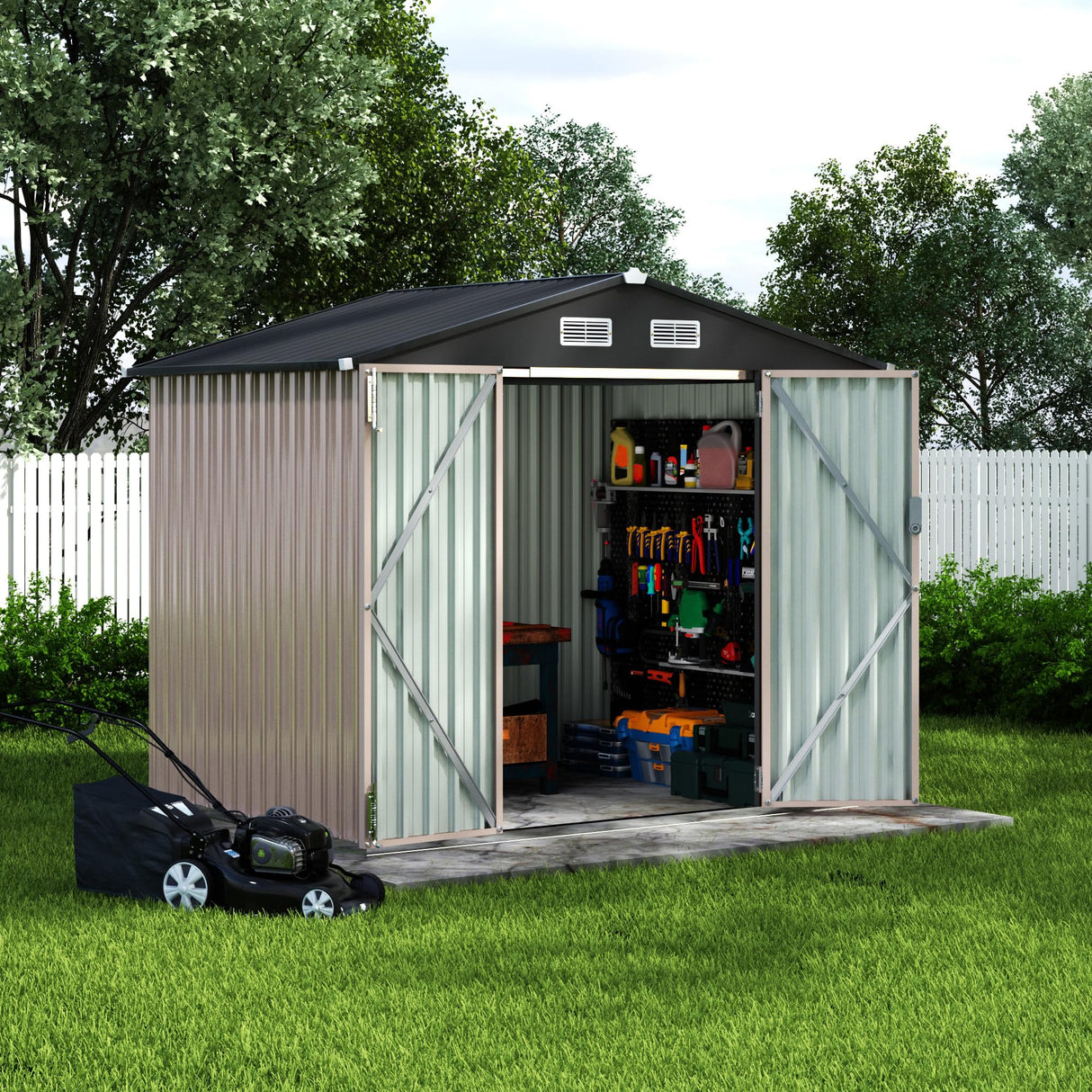 GarveeLife 6x8x6.4 FT Outdoor Storage Sheds, Metal Garden Tool Shed for Backyard, Large Metal Sheds Outdoor Storage with Lockable Doors & Air Vents for Backyard Garden Patio Lawn GarveeLife