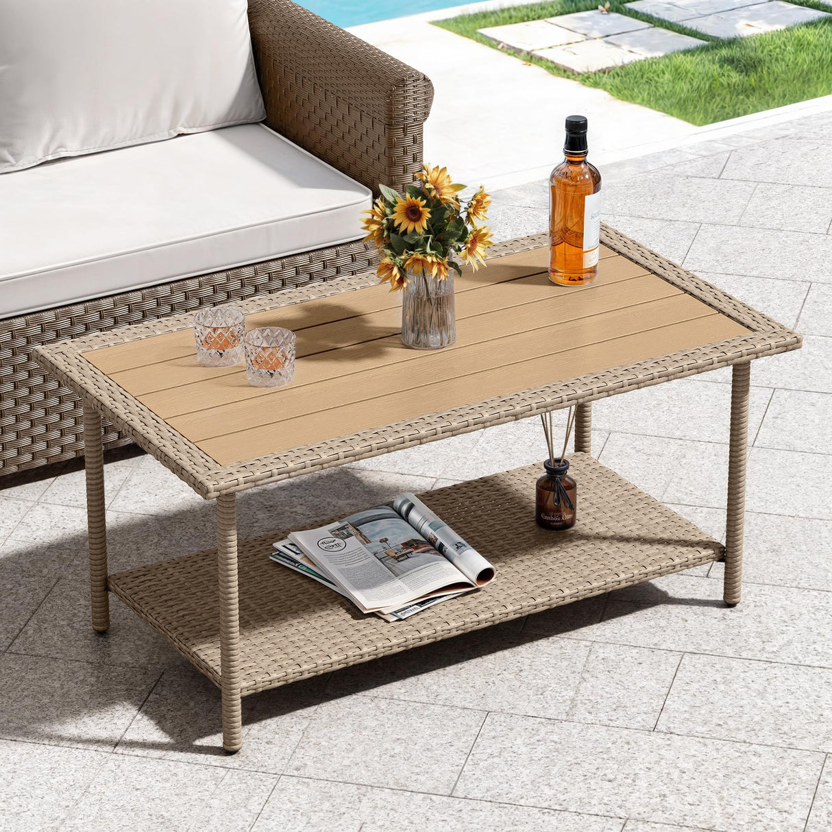 YITAHOME Outdoor Wicker Coffee Table with 2-Layer, 39.4" Rectangle Outside Side Table with Faux Wood Top, All-Weather Rattan Patio Bistro Table for Garden Backyard Porch - Brown YITAHOME