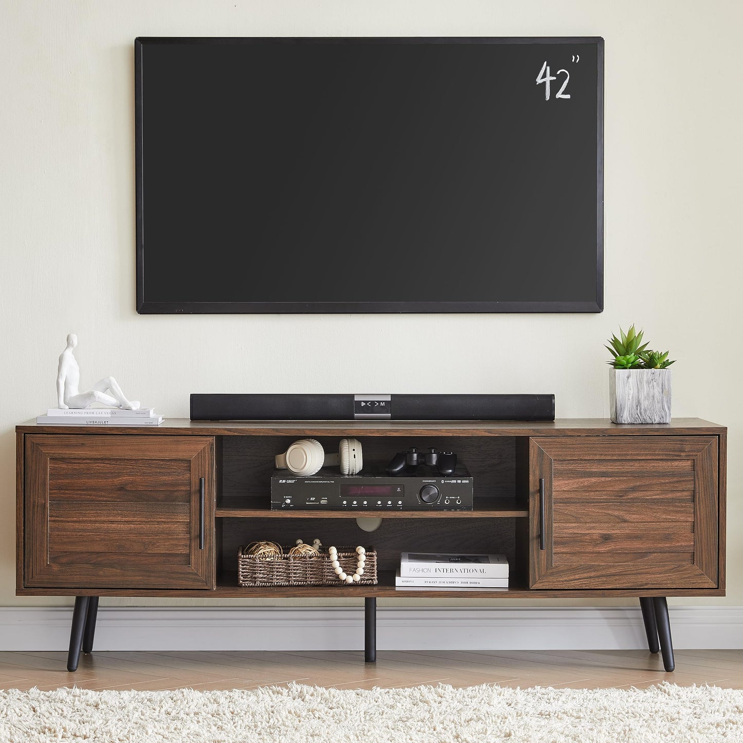 EDYO LIVING 65" Mid Century Modern TV Stand, Wood TV Stand with Storage Cabinet and Open Shelf for Televisions up to 65", Entertainment Center, TV Console Table for Living Room, Dark Walnut