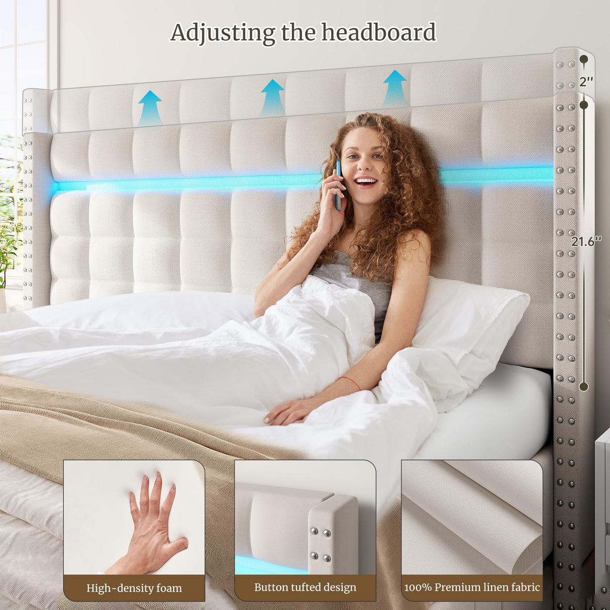 EnHomee LED Queen Bed Frame with Adjustable Headboard & 3 Storage Drawers in Beige EnHomee