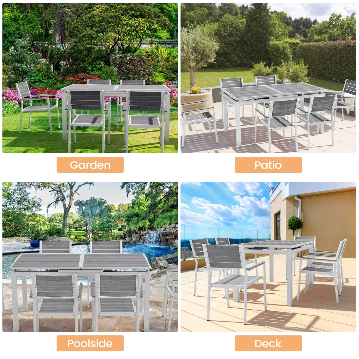 VredHom Outdoor Dining Table, 63"-83" Patio Extendable Dining Table with Grey Wooden-Like Top and White Aluminum Frame, Rectangular Table Outdoor Furniture VredHom