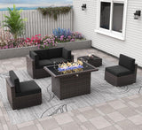 Vakollia 6 Pieces Patio Furniture Set with 44" Propane Gas Fire Pit Table, Outdoor Sectional Brown Rattan Wicker Conversation Sofa Sets with Coffee Table Vakollia