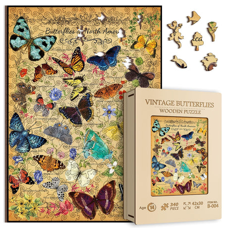 Vintage Butterfly Wooden Puzzle for Adults 340 Piece, North America Flower Plant Butterflies Wooden Jigsaw Puzzle, Plant Wood Puzzles for Adults, 15.7 * 11.2 in BBOLDIN