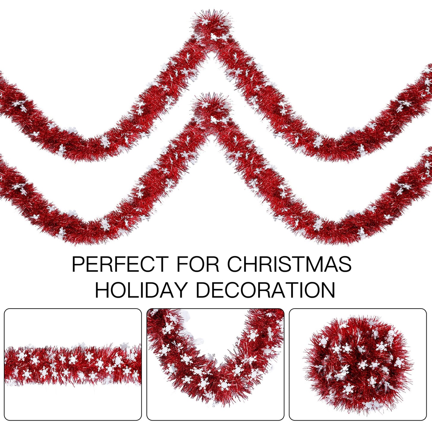 Sggvecsy 32.8Ft Christmas Snowflake Tinsel Garland Xmas Tree Decorations Red Christmas Metallic Twist Garland Ceiling Hanging Decorations for New Year Party Birthday Holiday Indoor Outdoor Supplies