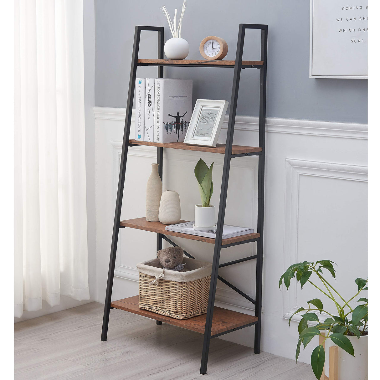Blissun Ladder Shelf, 4-Tier Bookshelf, Storage Rack Shelf for Office, Bathroom, Living Room, Hazelnut Brown Blissun