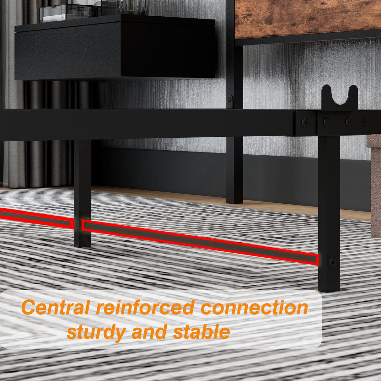 DUMEE Queen Size Bed Frame with Wood Storage Headboard - Metal Platform Design, No Box Spring Needed, Noise-Free, Black & Rustic Brown DUMEE