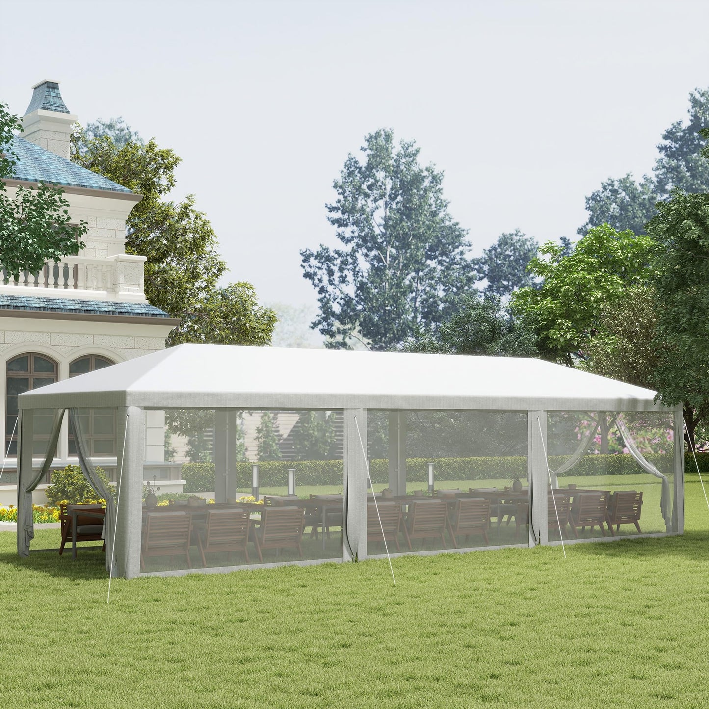 Outsunny 10' x 28' Party Tent Canopy, Outdoor Event Shelter Gazebo with 8 Removable Mesh Sidewalls, Zipper Doors, Steel Frame, White